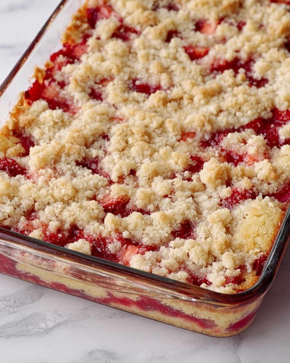 The image shows a baked dessert in a clear glass rectangular dish, placed on a white marbled surface. The dessert has two visible layers: the bottom layer is a moist, golden cake with red strawberry chunks evenly spread through it, giving a mix of bright red and golden brown colors. The top layer is a crumbly, pale beige streusel topping with an uneven texture, scattered across the surface, allowing parts of the red strawberry layer to peek through. The edges of the dessert show slight browning, indicating it is freshly baked. photo taken with an iphone --ar 4:5 --v 7