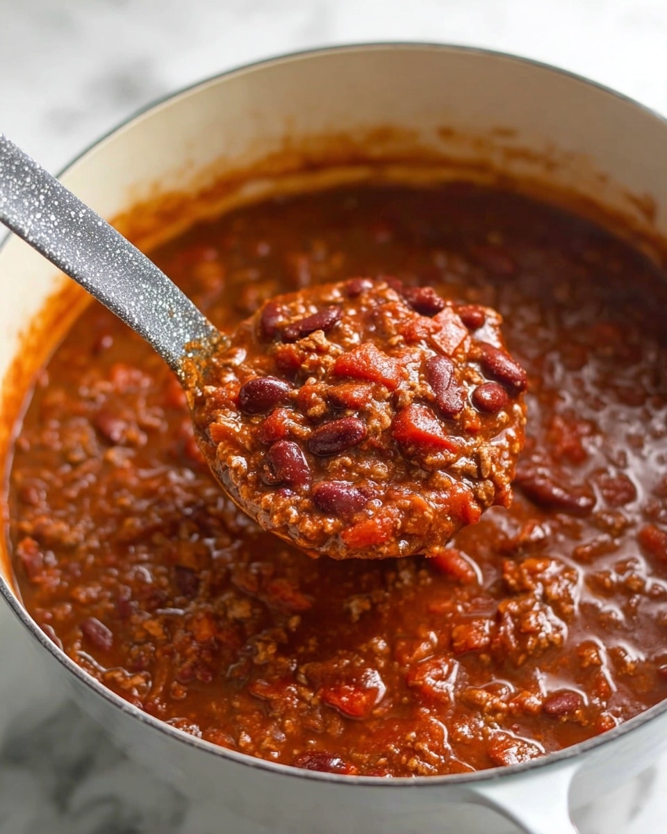 A close-up view of a large white pot filled with thick, rich chili. The chili has a deep red-brown color with visible kidney beans, chunks of tomato, and ground meat mixed evenly throughout the dish. The surface looks slightly glossy and steamy, showing it is hot. A gray speckled ladle is dipped into the chili, lifting a scoop full of the chunky mixture that fills the ladle completely, showing the texture of beans, meat, and tomato pieces clearly. The background is a white marbled surface. Photo taken with an iphone --ar 4:5 --v 7