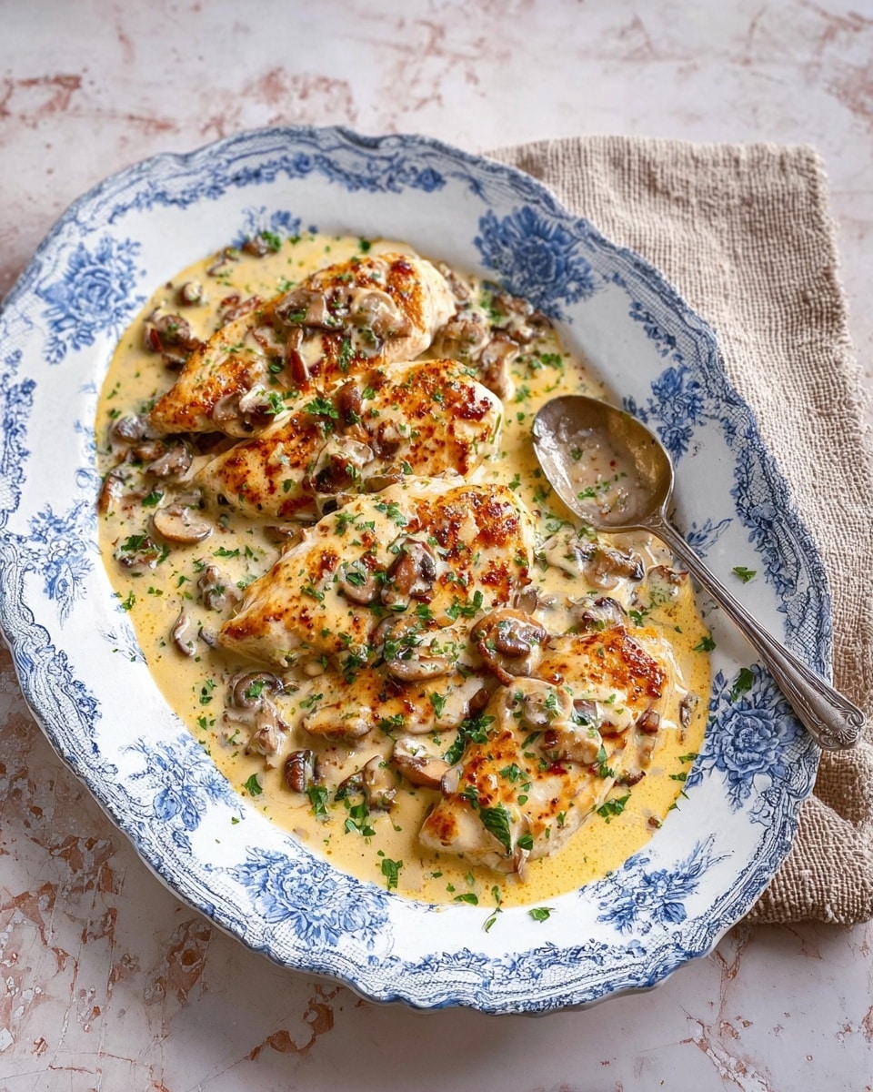 A white oval plate with blue floral patterns holds four pieces of golden-brown grilled chicken breasts covered in a creamy sauce mixed with small pieces of browned mushrooms and herbs. The sauce is light yellow and creamy, pooling around the chicken, with bits of green parsley sprinkled on top. A silver spoon rests on the right side of the plate, placed on a textured beige cloth napkin beside it. The background is a white marbled texture. photo taken with an iphone --ar 4:5 --v 7
