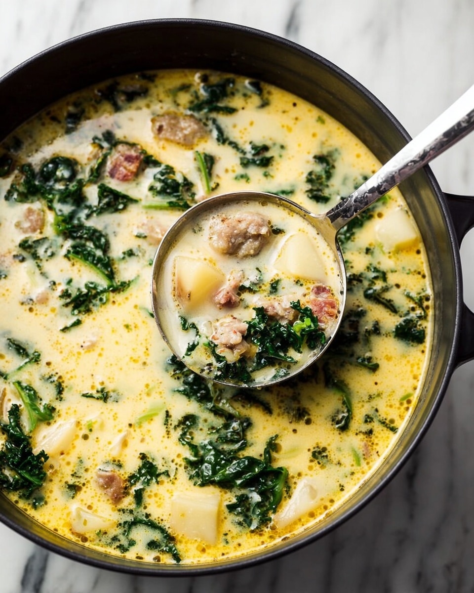 A close-up of a black pot filled with creamy soup that has three main layers: a yellowish creamy broth with small bubbles on top, dark green leafy kale scattered throughout, and chunks of light brown sausage and pale potato cubes evenly mixed in. A silver ladle is lifting some of the soup, showing all three layers clearly inside it. The pot sits on a white marbled surface. photo taken with an iphone --ar 4:5 --v 7