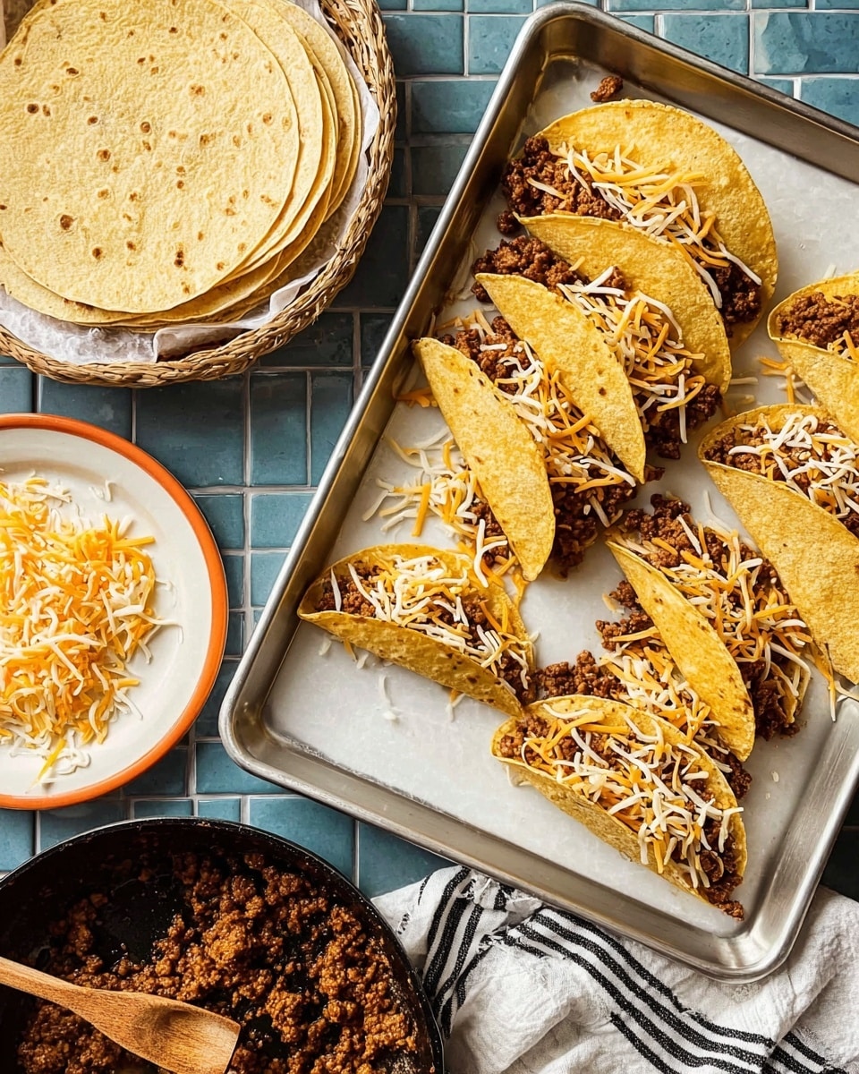 The image shows a metal baking tray with six folded corn tortillas filled with cooked ground meat and shredded cheese, arranged on a white marbled surface. One tortilla is open, displaying two layers: a base tortilla layer with a yellow-beige color and grainy texture, topped with a layer of mixed shredded cheese in white and orange shades, and a layer of browned ground meat scattered unevenly over the cheese. Nearby, there is a white plate with an orange rim holding some shredded cheese, a black skillet with cooked ground meat and a wooden spoon resting inside, and a basket lined with a white and black striped cloth containing plain tortillas. The overall scene is set against a bright, rustic blue tiled surface. photo taken with an iphone --ar 4:5 --v 7