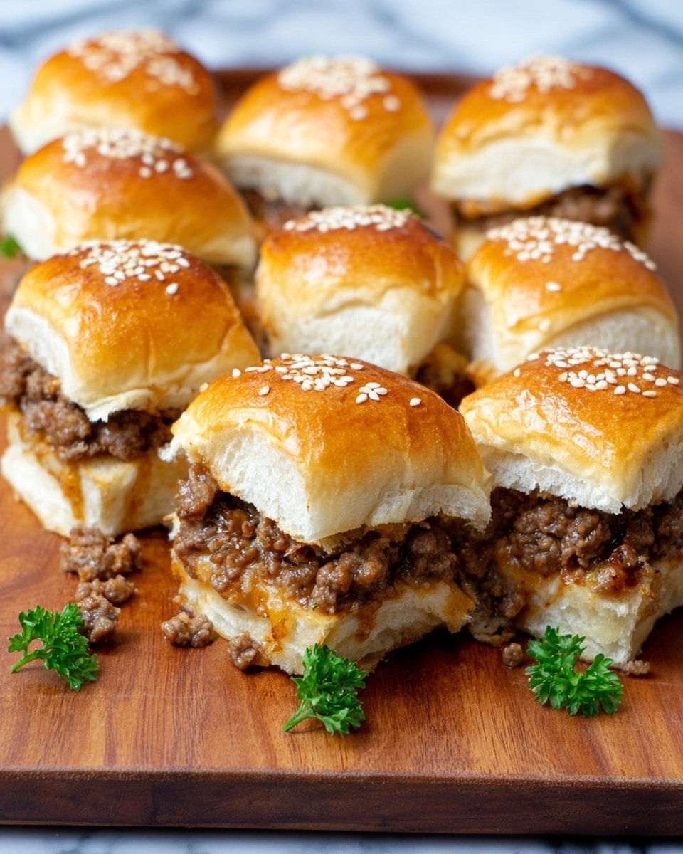 The image shows six small sliders arranged close together on a wooden board. Each slider has three layers: the top golden brown bun sprinkled with white sesame seeds, a middle layer of cooked ground meat with a slightly shiny texture, and a bottom bun that is soft and light beige. Some ground meat pieces have fallen onto the board. There are small green parsley leaves placed between the sliders for garnish. The background is a white marbled texture. photo taken with an iphone --ar 4:5 --v 7
