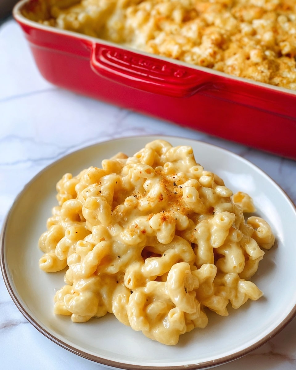 A white plate holds a generous serving of creamy macaroni and cheese made with elbow-shaped pasta coated in smooth, melted cheese sauce that has a light yellow color with a slightly glossy texture, and a few specks of pepper. Behind the plate, a red baking dish filled with more of the macaroni and cheese is visible on a white marbled surface. photo taken with an iphone --ar 4:5 --v 7
