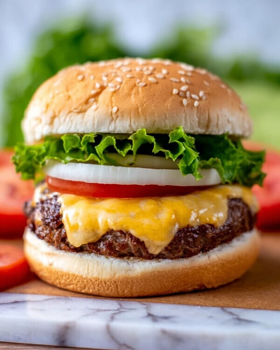 A close-up of a cheeseburger with five layers, set on a white marbled surface. The bottom layer is a soft, lightly toasted white sesame seed bun. On top of that is a layer of fresh green leaf lettuce, followed by a thick, juicy brown beef patty covered with melted yellow cheddar cheese. Above the cheese, there are one slice of white onion ring and one slice of red tomato. The burger is topped with the top half of the white sesame seed bun. In the background, part of a sliced tomato and some green lettuce are blurred. Photo taken with an iphone --ar 4:5 --v 7