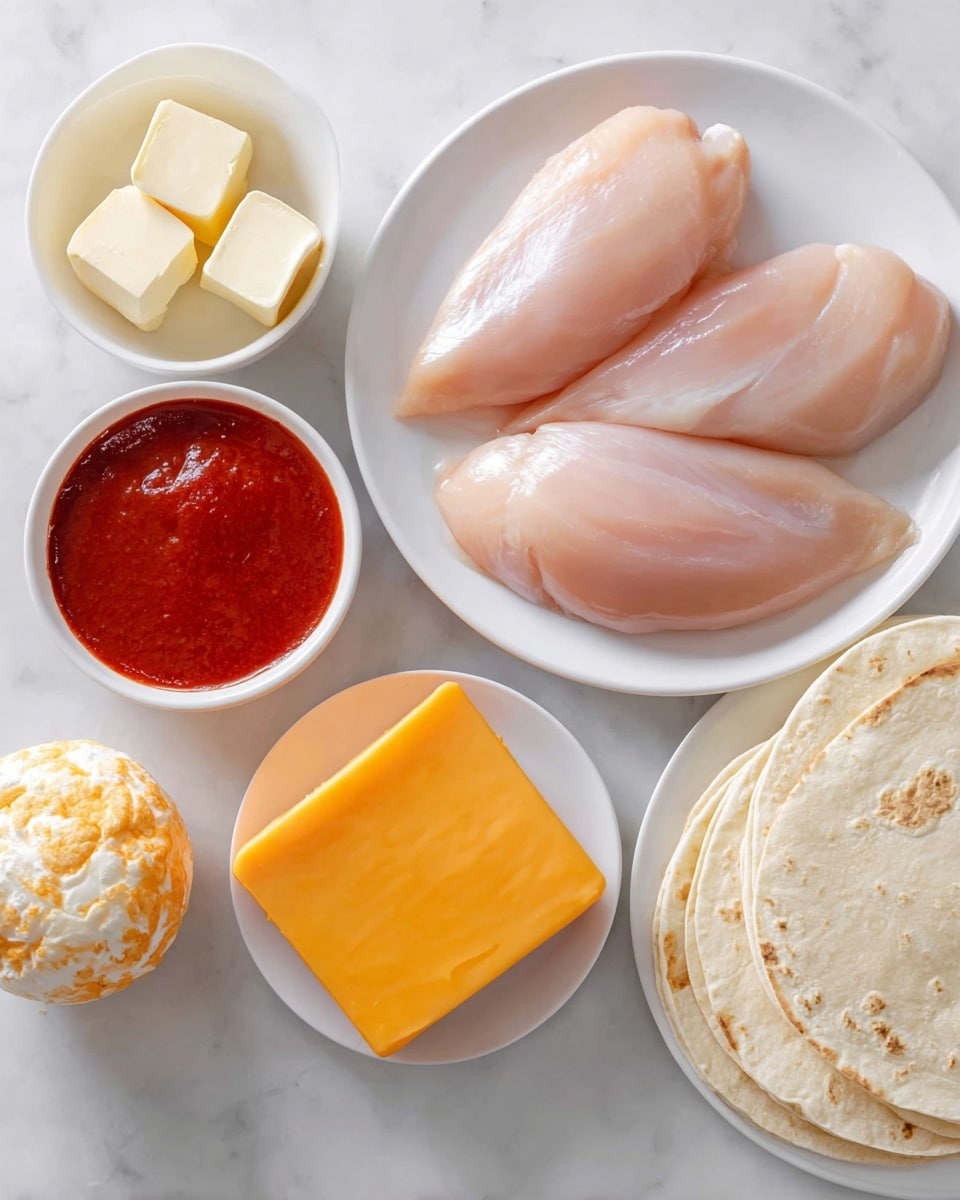 The image shows several ingredients neatly arranged on a white marbled surface. There is a plate holding three raw chicken breasts with a smooth, pale pink texture. Next to it, a white bowl contains a deep red sauce with a glossy surface. Close by, a smaller white bowl is filled with several blocks of pale yellow butter. Another white plate holds two different blocks of cheese: one is a solid rectangular block of bright orange cheddar cheese, and the other is a rounded ball of marbled cheese that blends white and orange colors. Lastly, a white plate sits with several soft, light tan flour tortillas stacked on top of each other. photo taken with an iphone --ar 4:5 --v 7