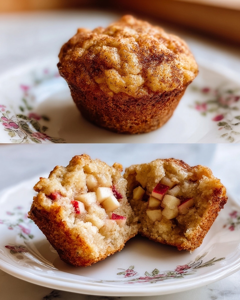 The image shows two apple muffins on a white plate with delicate floral patterns. One muffin is whole, golden brown with a slightly rough top sprinkled with cinnamon, while the other muffin is cut in half to reveal its inside. The inside has two layers: the outer layer is a soft, light beige muffin texture, and the inner layer is filled with small cubes of fresh red and white apple pieces, giving a mix of pale cream and red colors. The muffins have a slightly crispy edge and a moist look. The plate rests on a white marbled surface with soft natural lighting. Photo taken with an iphone --ar 4:5 --v 7