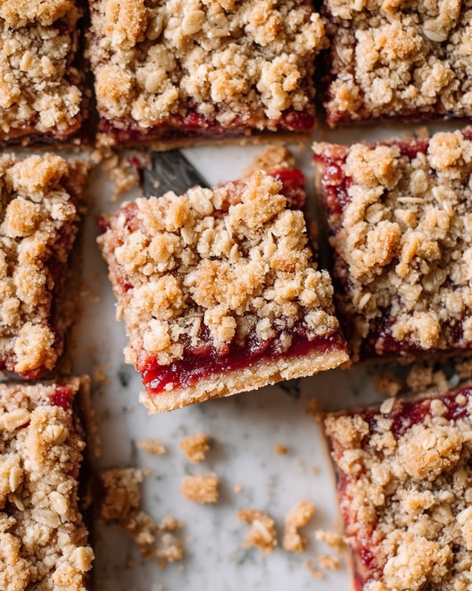 The image shows several square fruit crumble bars arranged closely on a white marbled surface. Each bar has three visible layers: the bottom layer is a light golden crust, the middle layer is a bright red fruit filling that looks soft and slightly juicy, and the top layer is a crumbly, textured oat topping in shades of golden brown with some chunky pieces. One bar is slightly lifted above the surface by a knife, showing the thickness of the layers clearly. Small crumbs are scattered around the bars, adding to the rustic look. The lighting highlights the texture of the crumble and the shine of the fruit layer. Photo taken with an iphone --ar 4:5 --v 7