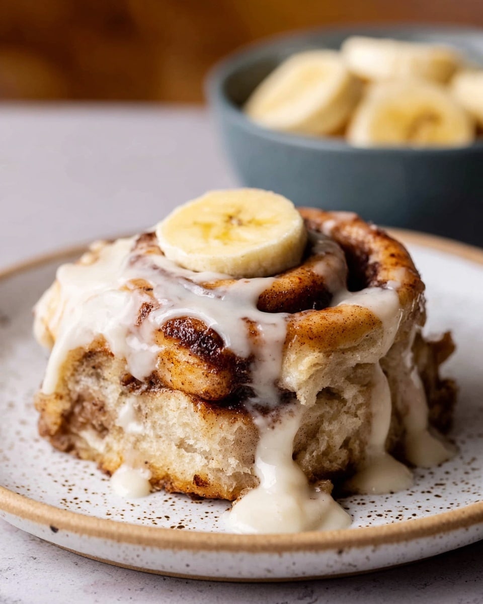 A close-up of a flaky cinnamon roll on a white speckled plate with a white marbled texture background; the roll has three visible layers showing light brown dough swirled with dark cinnamon filling; creamy, slightly melted white icing drips over the top, pooling around the base; a slice of fresh banana with a pale yellow color sits on top of the icing; in the background, a blurred bowl with several banana slices adds depth and context to the food photo taken with an iphone --ar 4:5 --v 7