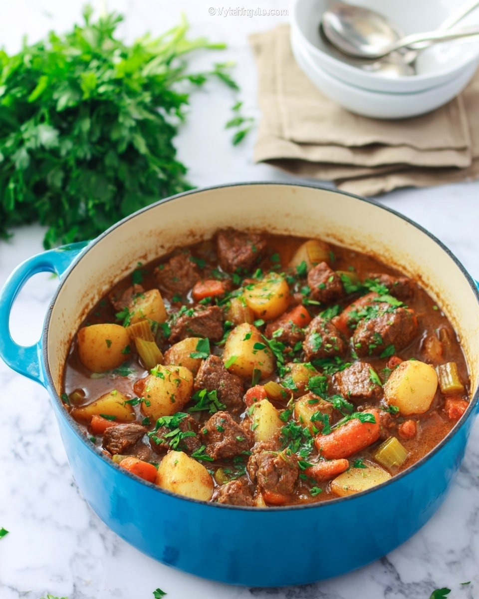A blue pot filled with a rich stew sits on a white marbled surface. The stew has chunks of brown meat, light yellow potatoes, orange carrots, and light green celery, all mixed in a thick brown sauce. Fresh chopped green herbs are sprinkled on top, adding color contrast. In the background, there is a bunch of fresh green herbs and a white bowl with spoons, resting on a light brown cloth. The scene is bright and inviting. photo taken with an iphone --ar 4:5 --v 7