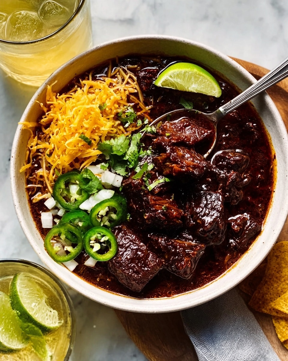 The image shows a white bowl filled with a dark, glossy stew made of beef chunks, which are thick and richly cooked, sitting in a deep brown sauce. On the left side of the bowl, there are layers of finely shredded orange cheese, small white onion pieces, bright green sliced jalapeños, and fresh green cilantro leaves, each arranged in neat sections. A wedge of lime rests on the edge of the bowl. There is a woman's hand holding a silver spoon inside the bowl, ready to scoop the stew. Next to the bowl, there is a glass of light yellow drink with a lime wedge on its rim, and a white marbled surface underneath everything. photo taken with an iphone --ar 4:5 --v 7