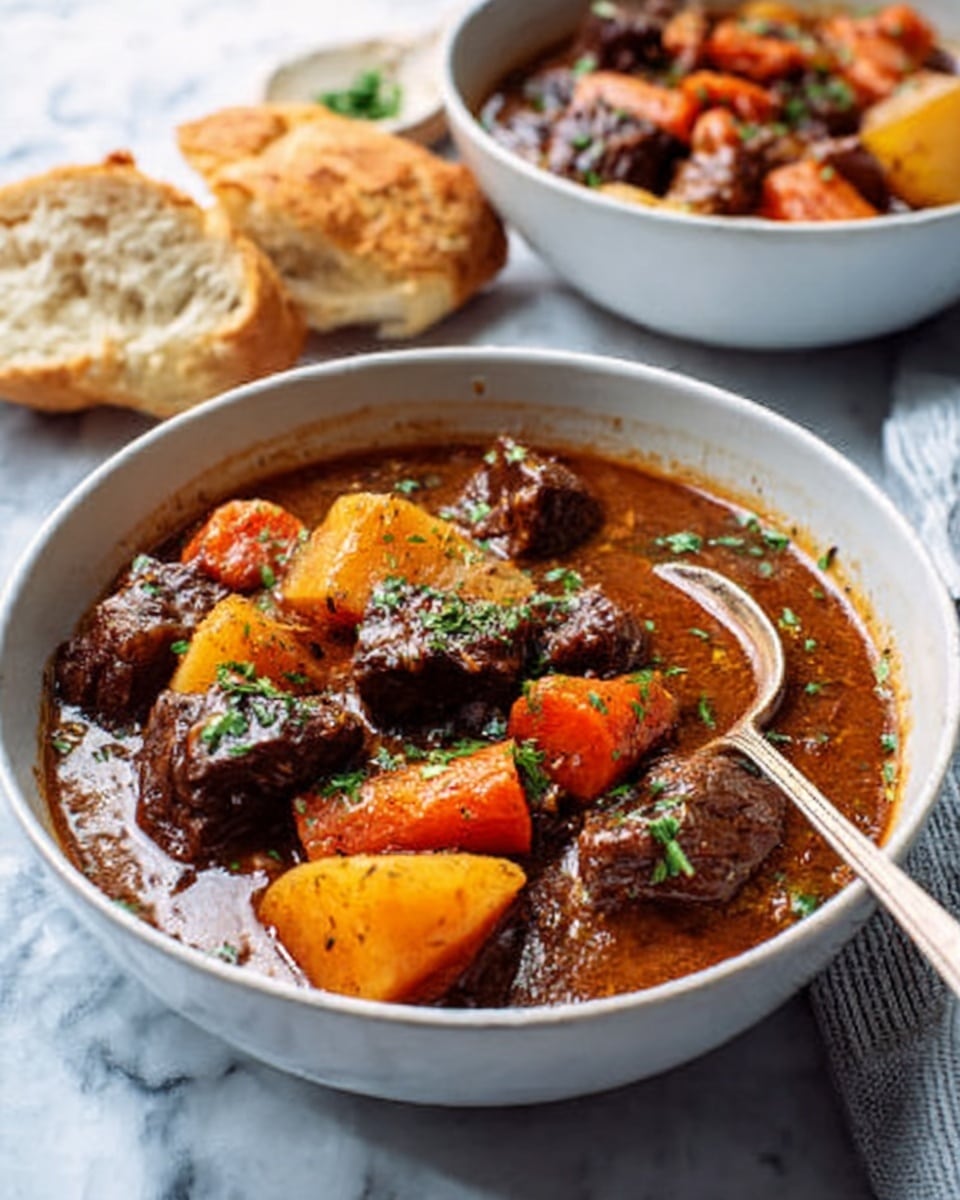 The image shows a white bowl filled with a stew that has visible layers of dark brown chunks of meat, bright orange carrot slices, and pieces of light brown potatoes, all in a thick, rich brown sauce. Chopped green herbs are sprinkled on top, adding a fresh touch. A silver spoon rests inside the bowl, and a piece of crusty bread is placed near the bowl on a white marbled surface. In the background, there is another white bowl with the same stew. photo taken with an iphone --ar 4:5 --v 7