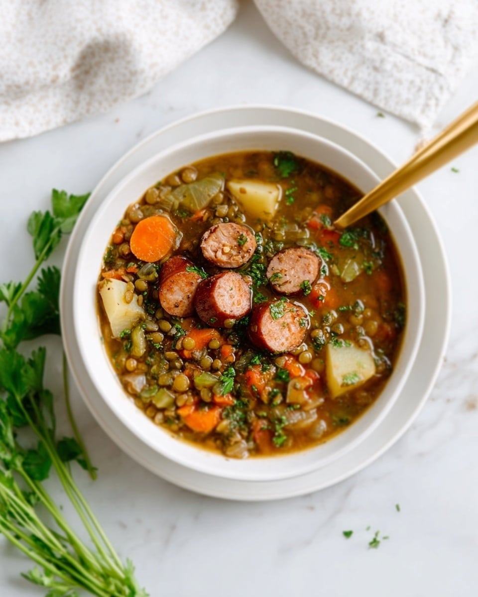 The image shows a white bowl filled with a colorful lentil and sausage soup placed on a white marbled surface. The soup has about four to five layers of ingredients visible: at the top, slices of browned sausage, round and slightly textured with bits of meat; underneath, a rich mix of green lentils, orange carrot slices, and small off-white potato chunks, all immersed in a light brown, clear broth with some fine herb pieces scattered throughout. A gold spoon lies on the edge of the bowl, and a bundle of fresh green herbs is nearby. Photo taken with an iphone --ar 4:5 --v 7