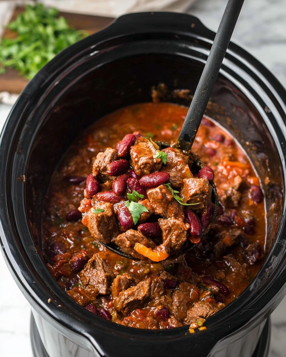 A white bowl filled with beef stew sits on a white marbled surface. The stew has several thick layers of ingredients: large chunks of dark brown beef, bright orange carrots, and pale orange potatoes, all covered in a rich, glossy brown sauce with visible herbs sprinkled on top. The beef pieces look tender and slightly shredded, while the vegetables add a rough, soft texture to the dish. Small green herb bits are scattered on the surface, adding a fresh contrast to the deep colors. Photo taken with an iphone --ar 4:5 --v 7