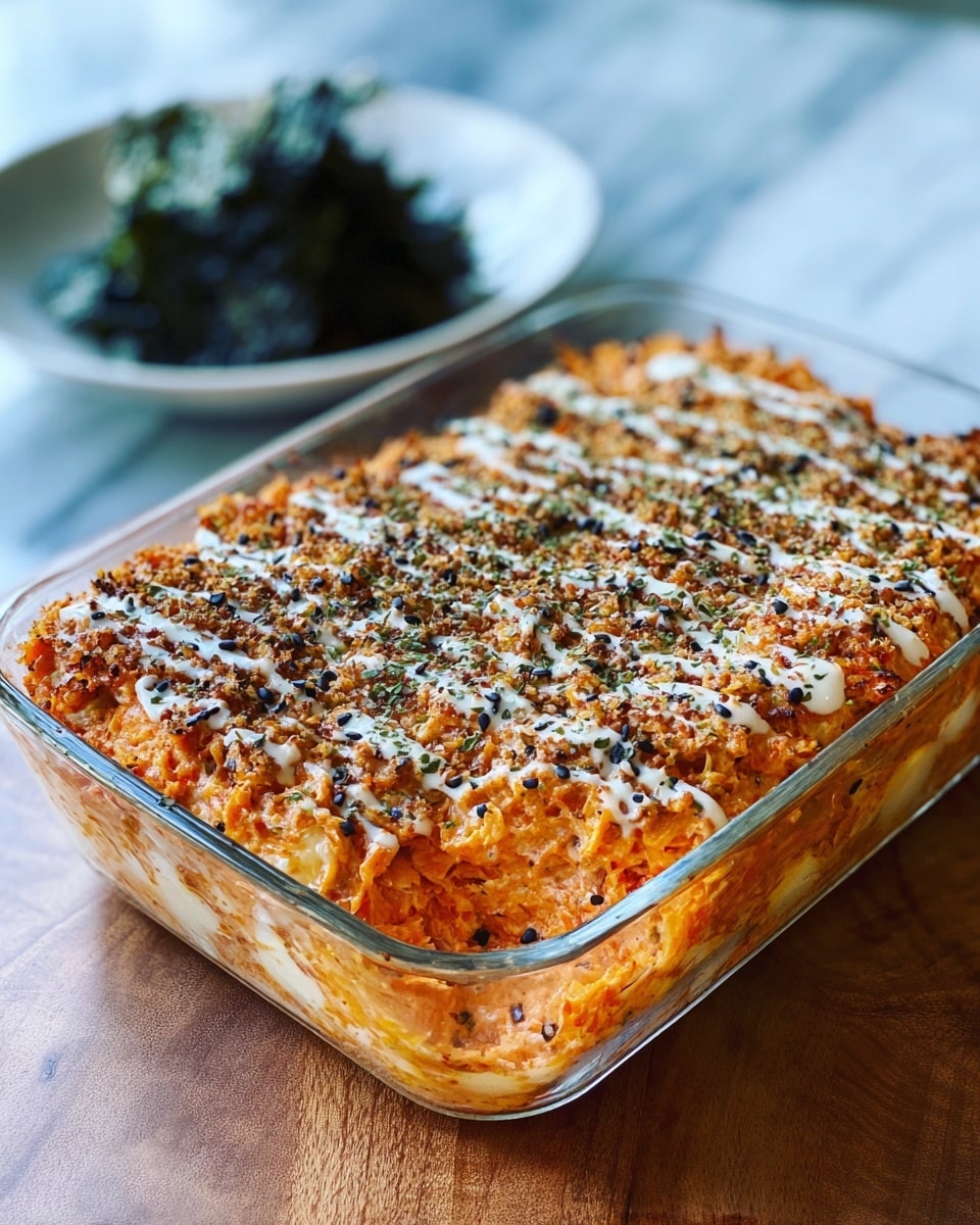 A clear glass rectangular dish filled with a two-layered cheesy baked dish, where the front layer is creamy orange with bits of white and sprinkled with small black and white seeds and herbs, creating a textured, slightly rough surface; the back layer is a darker brown-orange topped with a drizzle of white sauce and the same sprinkle of seeds and herbs, giving it a more baked and crusty look. In the blurred background, there is a white plate with dark green leafy chips on a white marbled surface. photo taken with an iphone --ar 4:5 --v 7