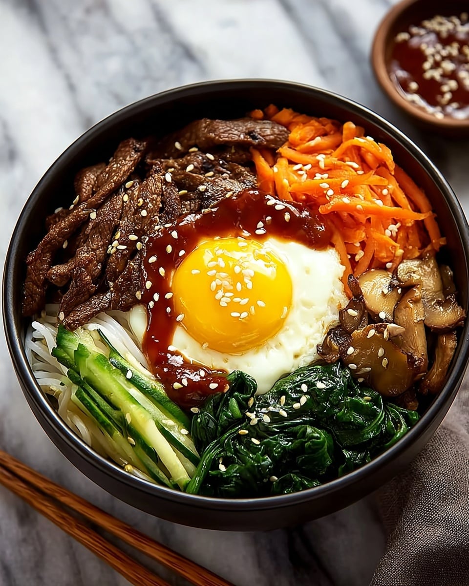 A round black bowl holds a colorful Korean bibimbap arranged in layers. At the center is a bright sunny-side-up egg with a shiny yellow yolk topped with white sesame seeds. Surrounding the egg are sections of dark brown grilled beef strips, bright orange shredded carrots, light brown glazed mushrooms, dark green sautéed spinach, green cucumber slices, and white rice noodles. On top of the spinach and egg, a thick dark red sauce with sesame seeds is drizzled. The bowl sits on a white marbled surface with wooden chopsticks to the side. Photo taken with an iphone --ar 4:5 --v 7