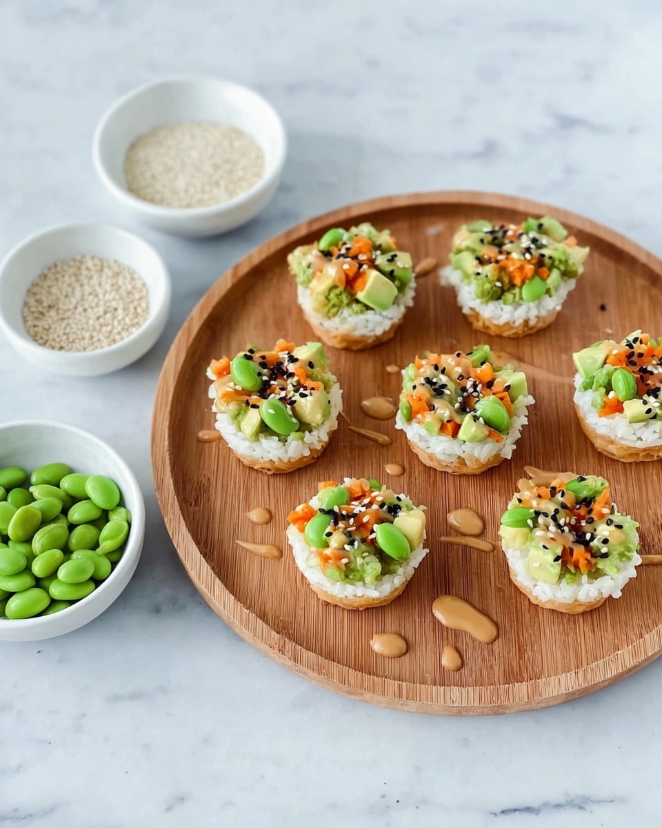 The image shows eight small sushi cups arranged on a round wooden tray, each cup having a base layer of white rice topped with bright green edamame beans, small orange carrot pieces, and light green avocado chunks. Black sesame seeds are sprinkled over the top, and a light brown sauce is drizzled partly on the sushi cups and the wooden tray. In the background on a white marbled surface, there are two small white bowls: one filled with white sesame seeds and the other with green edamame beans. photo taken with an iphone --ar 4:5 --v 7