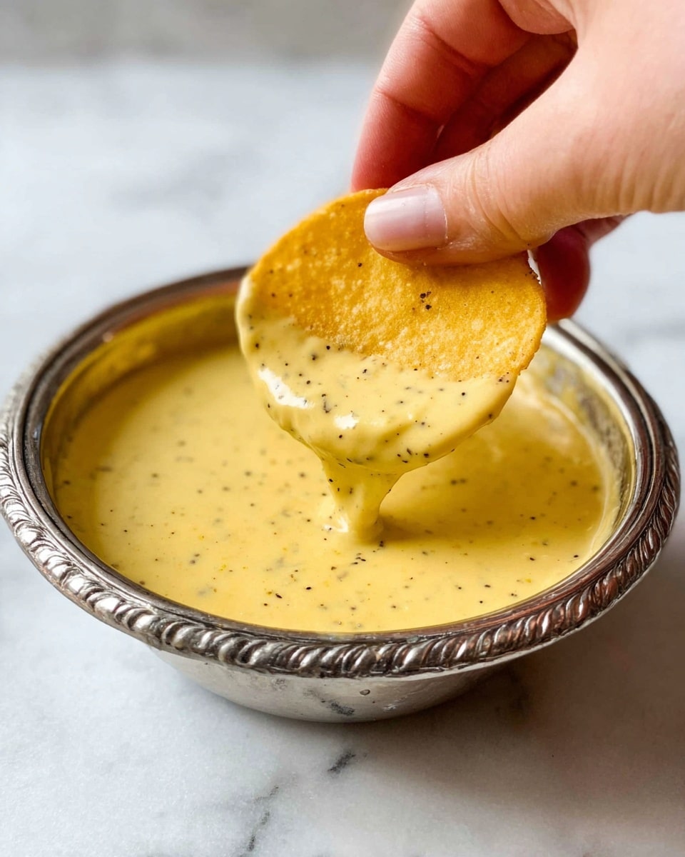 A close-up image shows a silver bowl filled with creamy, thick yellow batter speckled with black pepper, sitting on a white marbled surface. A woman's hand is dipping a round, light yellow chip with a slightly rough texture into the batter, coating it halfway. The batter clings smoothly to the chip, with a small drip about to fall back into the bowl. Photo taken with an iphone --ar 4:5 --v 7