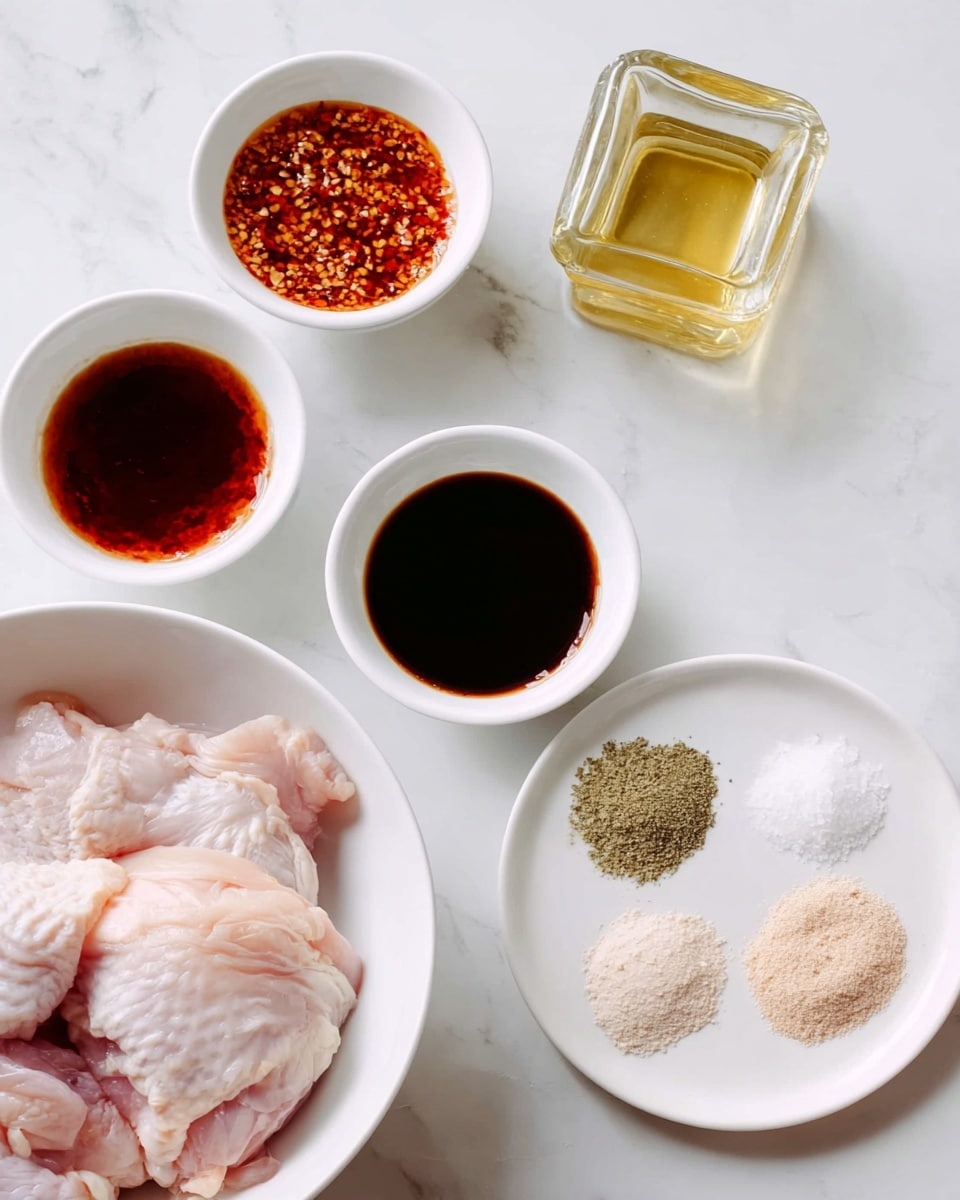 The image shows several white bowls and a white plate arranged on a white marbled surface. In the largest bowl at the bottom is raw chicken with pale pink skin and slight fat visible. Above it, three small white bowls hold different sauces: the left one with a red chili sauce that has visible seeds, the middle one with a dark brown soy sauce, and the right one with a small amount of another dark sauce. To the right side, a white plate is divided into four sections holding fine powdered spices: greenish powder, white salt, light pink salt, and a beige powder. Next to the plate is a small square glass bottle with light yellow oil. photo taken with an iphone --ar 4:5 --v 7