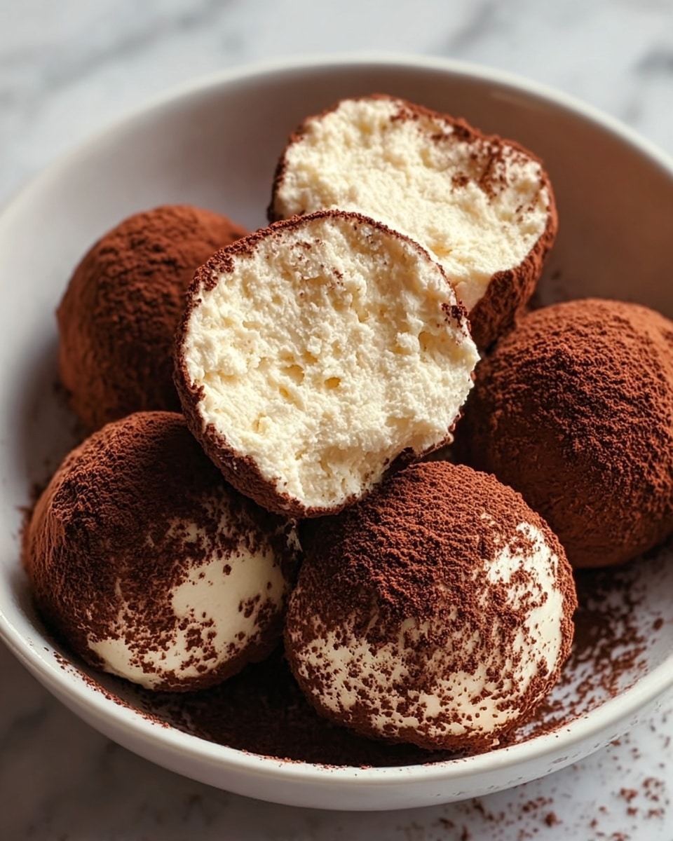 A white bowl holds six round cheese balls, each coated in a thick layer of dark brown cocoa powder. Two cheese balls have bites taken out of them, showing a creamy, pale off-white inside with a slightly grainy texture. The cheese balls are piled close together, filling the bowl. The bowl rests on a white marbled surface. Photo taken with an iphone --ar 4:5 --v 7