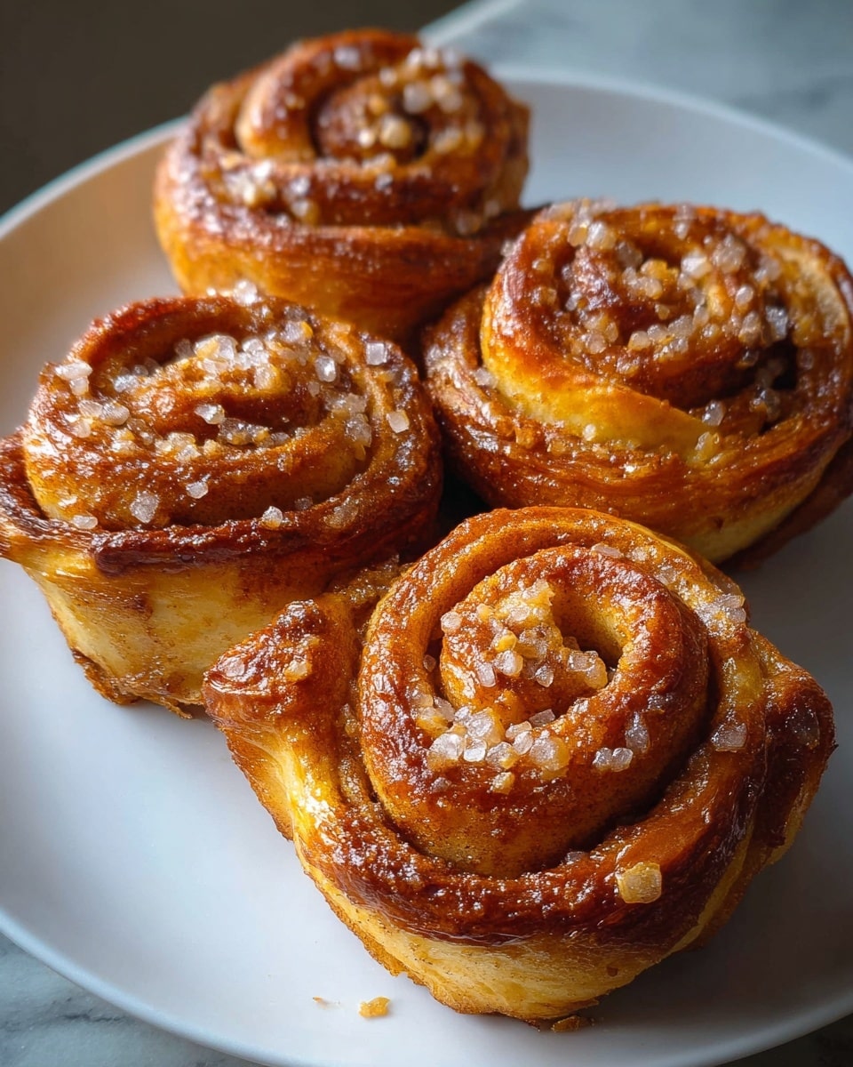 Four cinnamon rolls are placed on a white plate, each shaped like a rose with several swirled layers of golden brown dough. The top layers are shiny and caramelized with a sprinkle of large sugar crystals glistening on the surface. The edges show a darker brown color from the cinnamon filling, while the inner layers are softer and lighter with a textured dough appearance. The plate sits on a white marbled texture with soft natural lighting highlighting the warm, cozy look of the rolls. Photo taken with an iphone --ar 4:5 --v 7