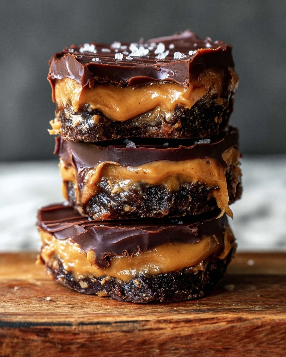 A close-up of a stack of three chocolate and peanut butter date treats, each treat showing three layers: a dark, glossy chocolate top with slight ridges and sprinkled with coarse salt crystals, a thick, creamy golden peanut butter middle layer oozing slightly over the edges, and a textured, dark brown date base that looks moist and chewy. The stack is placed on a worn wooden surface with a white marbled texture in the background, highlighting the rich colors and textures of the treats. photo taken with an iphone --ar 4:5 --v 7