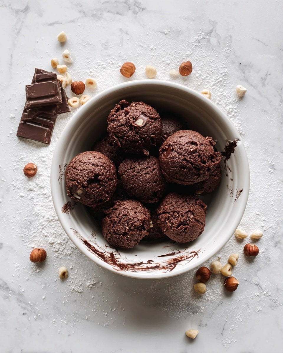 The image shows multiple round cookies arranged closely on a white marbled surface. Each cookie has two clear layers: a rough outer layer made of crushed light brown nuts tightly packed around the edge, and a smooth, glossy dark brown chocolate center that is slightly concave. The texture of the nut layer is crunchy and uneven, providing a natural contrast to the shiny, smooth chocolate. Scattered pieces of nuts are visible around the cookies, adding an extra detail to the scene. photo taken with an iphone --ar 4:5 --v 7