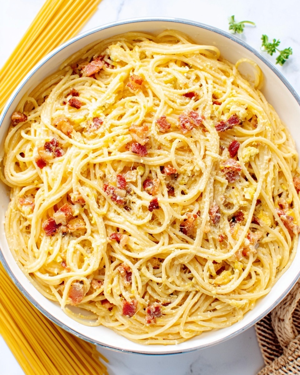 A white bowl filled with a generous serving of spaghetti pasta mixed with small pieces of browned bacon and scrambled eggs, creating a creamy texture. The pasta has a light yellow color with some red-burnt spots from the bacon scattered evenly throughout. The bowl sits on a white marbled surface with uncooked spaghetti sticks nearby. The overall look is simple and appetizing, with a close-up view showing each strand of pasta and bits of cheese. Photo taken with an iphone --ar 4:5 --v 7