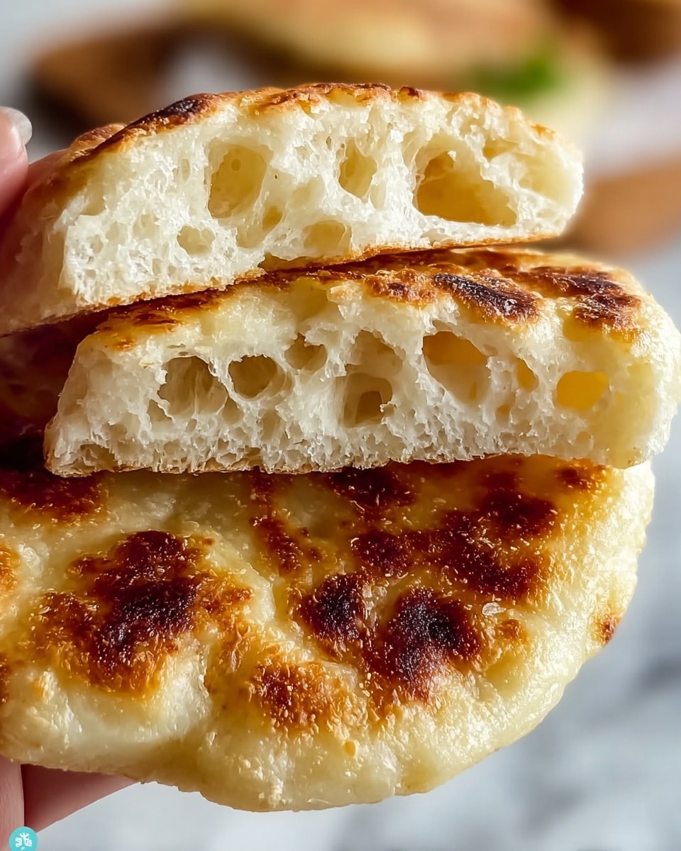 A close-up of a fluffy flatbread split into two halves showing the inside texture, each half having a light golden-brown crispy exterior with uneven browning spots and a soft, airy interior full of irregular large holes. A woman's hand gently holds the bottom half while the top half is slightly lifted above it, showing the thick layers of soft dough with a spongy and light texture. The background is blurred with a white marbled texture surface faintly visible below. Photo taken with an iphone --ar 4:5 --v 7