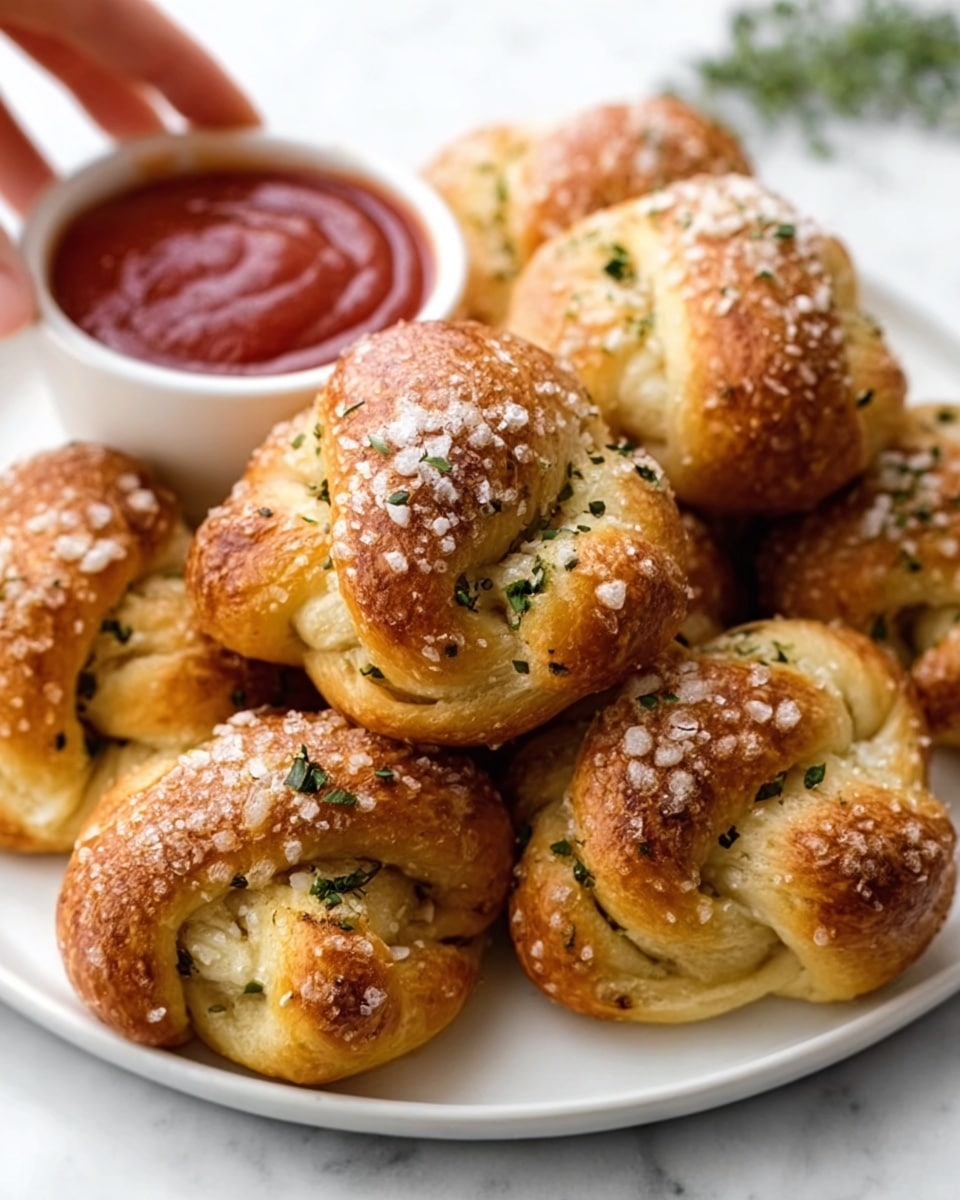 The image shows soft pretzel knots arranged closely on a white round plate. Each pretzel knot has a golden-brown crust with a slightly shiny surface, sprinkled with large grains of salt and small green herbs. The texture of the pretzels looks fluffy inside with visible creases and folds on the outside. On the side of the plate is a small white bowl filled with rich red ketchup sauce, smooth and thick. The plate rests on a white marbled surface, and a woman's hand with pale skin is reaching gently towards one of the pretzels on the left side. photo taken with an iphone --ar 4:5 --v 7
