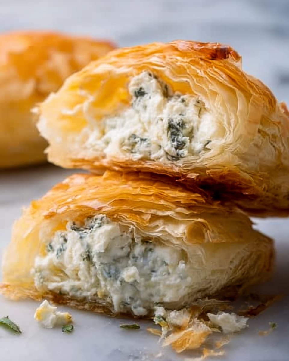 The image shows a close-up of a flaky pastry that is cut open to reveal its inside. The pastry has many thin, crispy golden layers on the outside that look light and crunchy. Inside, there is a creamy white filling mixed with small bits of green herbs, giving some texture contrast. The pastry is placed on a white marbled surface. Photo taken with an iphone --ar 4:5 --v 7