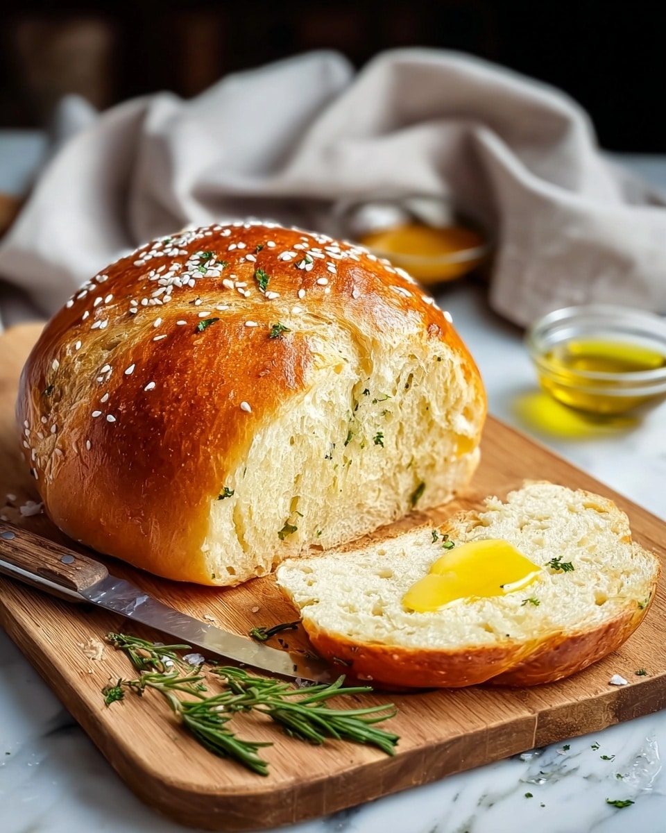 The image shows a round loaf of bread cut in half, placed on a wooden cutting board. The bread has a shiny golden-brown crust sprinkled with coarse salt and sesame seeds on top. Inside, the bread is soft with a light, airy texture and some green herbs scattered throughout. In front of the loaf, a single slice lies flat, topped with a pool of melted butter that shines under the light. Nearby are sprigs of fresh green herbs, a silver knife with a wooden handle resting on the board, a small glass dish of olive oil, and a light gray cloth draped in the background. The setting is on a white marbled surface. photo taken with an iphone --ar 4:5 --v 7