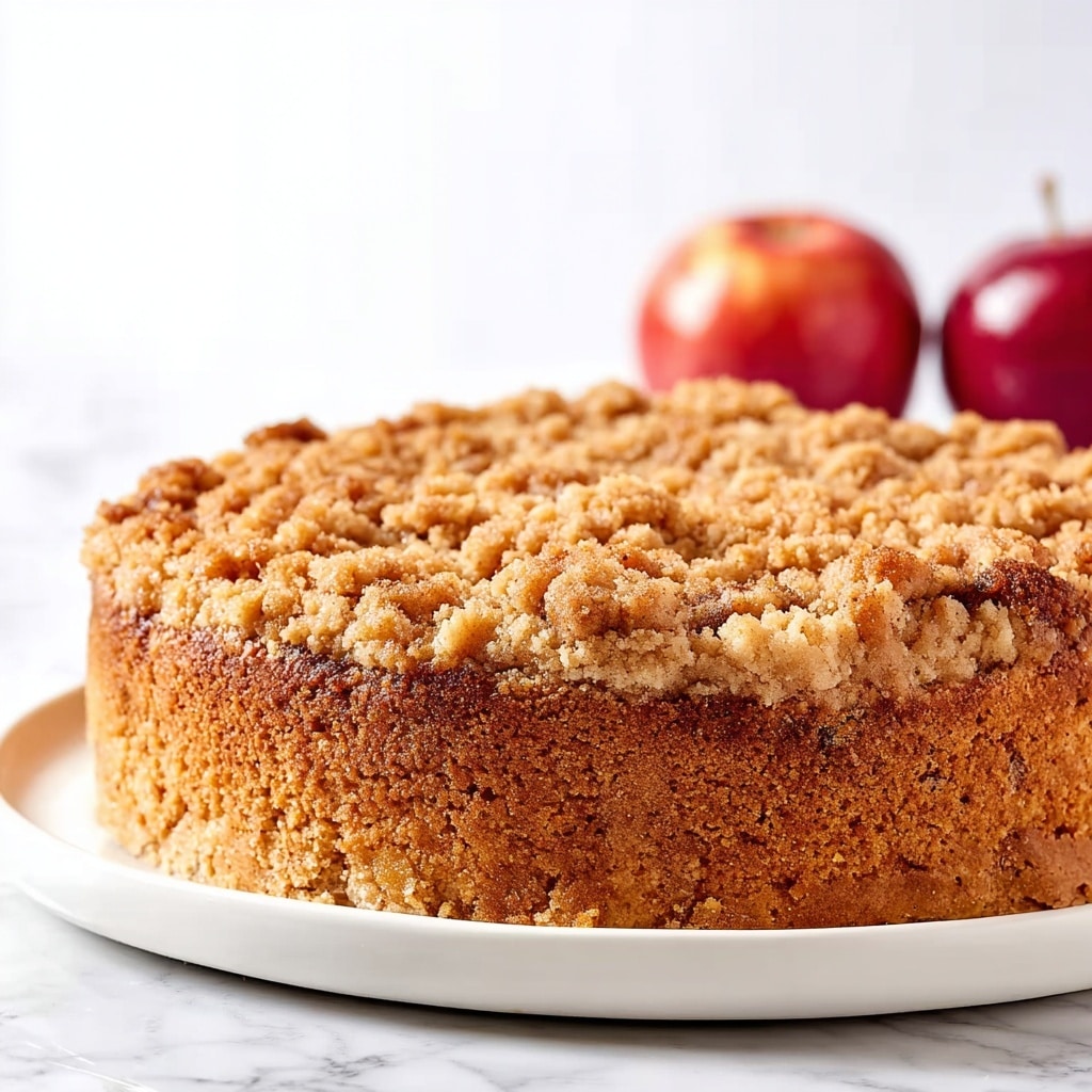 A round, rustic cake sits on a white plate, showing a thick, golden-brown crust that forms the outer layer. The top layer is covered with a generous, crumbly streusel that looks slightly uneven and textured, with visible chunks and an appetizing golden-baked color. The side of the cake is smooth and dense, fading slightly lighter towards the bottom edge. Two red apples, slightly blurred, rest in the background, hinting at the cake’s flavor inspiration. The photo is brightly lit with a clean, white background, giving the cake a fresh and inviting appearance, photo taken with an iphone --v 7.0