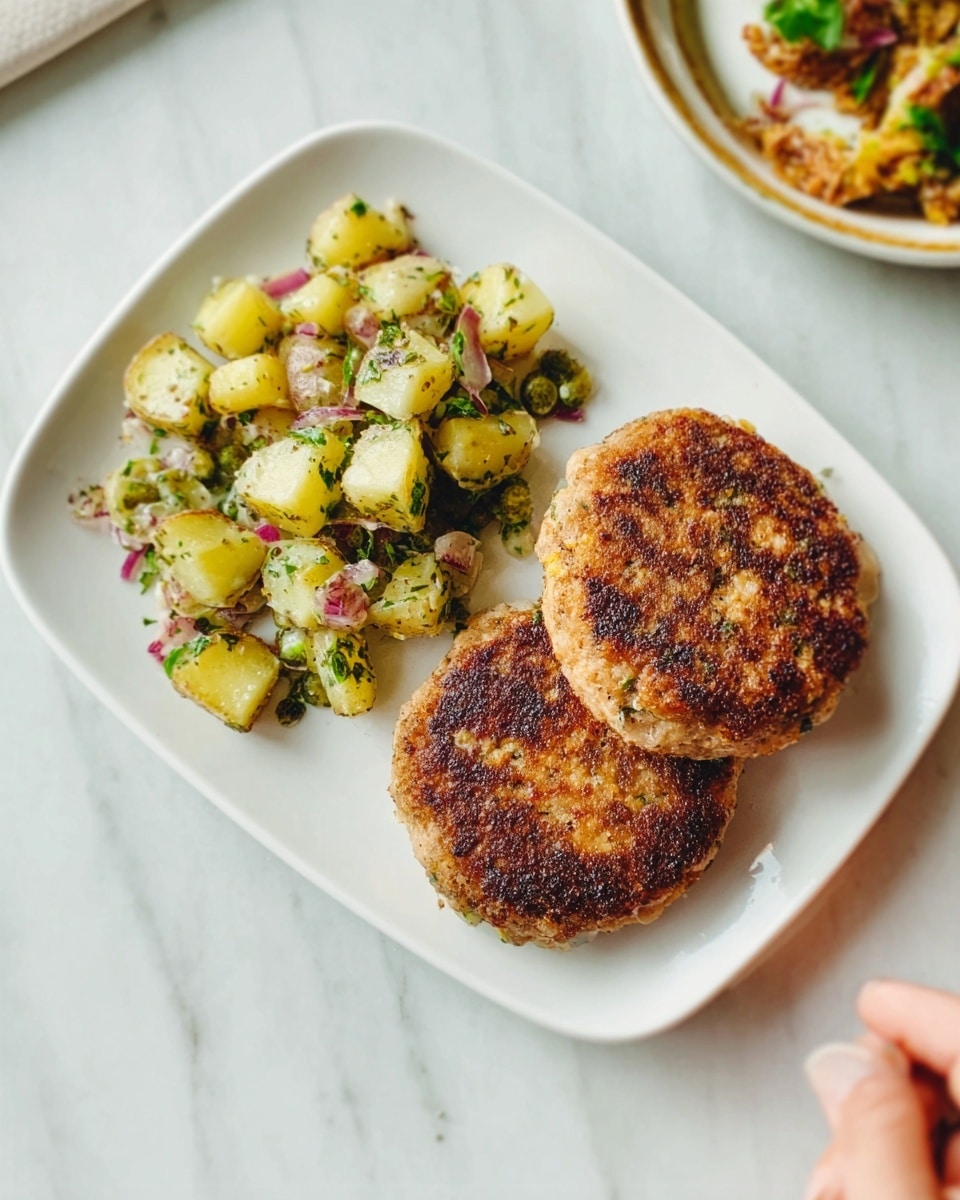 The image shows two golden brown, crispy patties placed side by side on the right half of a white rectangular plate with smooth edges. To the left of the patties is a layer of small, cubed potato salad mixed with green herbs and bits of red onion, giving a fresh and colorful contrast. The potato pieces are shiny and coated lightly, showing a mix of yellow, green, white, and light purple hues. The plate rests on a white marbled surface, with part of another dish visible at the top of the image. A woman's hand is reaching toward the plate from the bottom right corner. photo taken with an iphone --ar 4:5 --v 7