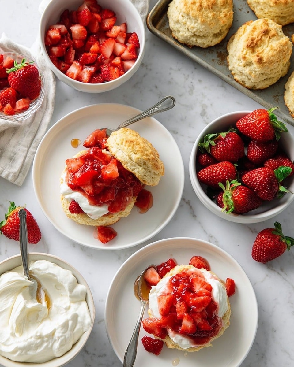 The image shows two white plates each holding a strawberry shortcake with three layers: a golden, crumbly biscuit on the bottom, a soft white cream layer in the middle, and a topping of red strawberry slices with syrup, covered partially by the top half of the biscuit, which is golden and textured. Nearby, a white bowl with fresh whole strawberries sits beside another white bowl filled with fluffy white whipped cream with a spoon in it. A white bowl containing bright red chopped strawberries and syrup with a spoon is at the top left. A baking tray with several golden biscuits rests at the upper right on a white marbled surface scattered with more fresh strawberries. Photo taken with an iphone --ar 4:5 --v 7