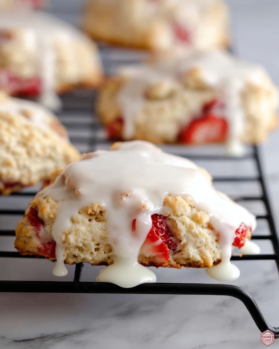 A white plate holds two triangular scones with a light golden-brown base and visible chunks of red strawberries inside. The scones are topped with a shiny white glaze that drips slightly over the edges, adding a smooth texture. To the left of the scones, there are two fresh whole strawberries with bright red color and green leaves. The plate rests on a yellow cloth napkin on a white marbled textured surface. In the blurred background, more scones are seen on a cooling rack. Photo taken with an iphone --ar 4:5 --v 7