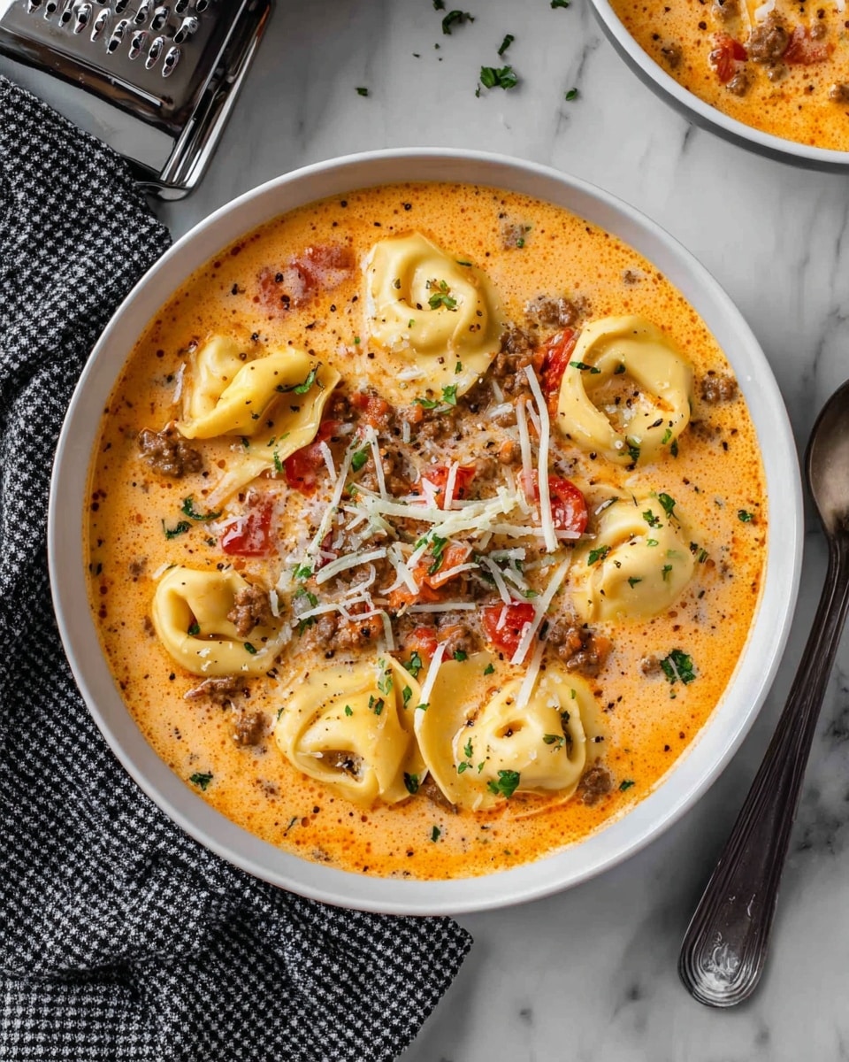 The image shows a white bowl filled with a creamy orange soup as the base layer, which is smooth and thick. On top of the soup, there are several tortellini pasta pieces that are pale yellow with a soft, folded texture, floating evenly across the surface. Mixed throughout are small chunks of browned ground meat and diced red tomatoes, adding a chunky texture and burst of color. Thin, light strands of grated white cheese and small pieces of green herbs are sprinkled over the top, creating a fresh and slightly rough texture contrast. The bowl sits on a white marbled surface, accompanied by part of a silver spoon, a black and white checkered cloth, and a pasta machine. Photo taken with an iphone --ar 4:5 --v 7