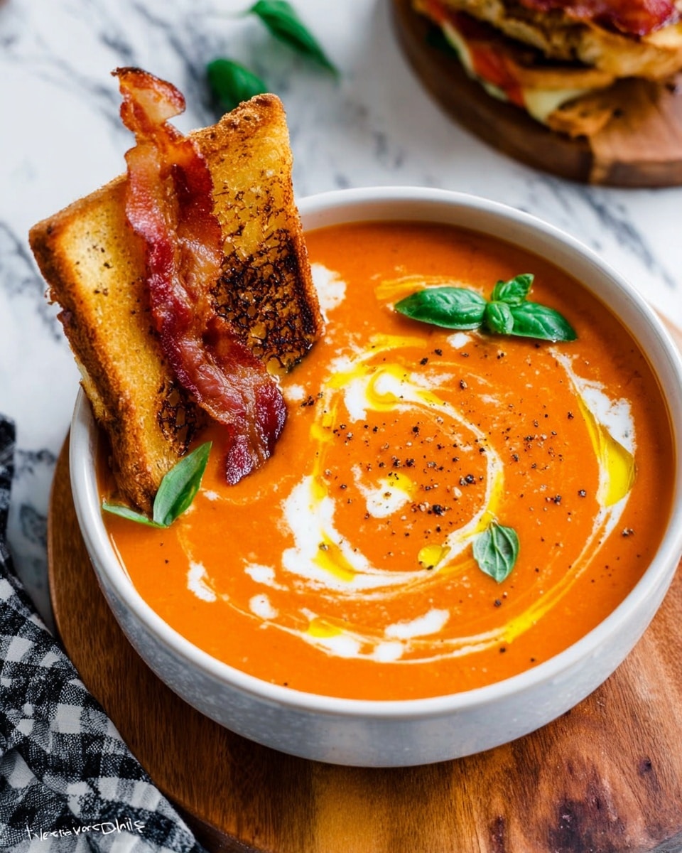 A white bowl filled with smooth orange tomato soup topped with swirls of white cream and drizzle of yellow oil, sprinkled with black pepper. Three fresh green basil leaves rest near the edge. A toasted sandwich with golden brown grilled bread and crispy bacon sticks out of the bowl, leaning on the soup's edge. The bowl sits on a round wooden board placed on a white marbled surface, with a checkered cloth nearby and a glimpse of another sandwich in the background. Photo taken with an iphone --ar 4:5 --v 7