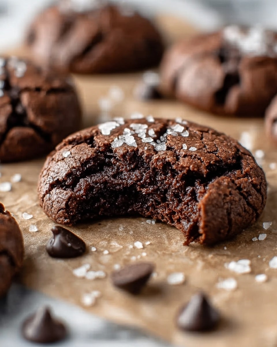 The image shows a close-up of a cracked chocolate cookie in the center resting on light brown parchment paper with more whole chocolate cookies blurred in the background. The cookie has a rough, cracked dark brown surface with a moist, dense inside visible through the bite taken from it. Small white sugar crystals are sprinkled on top of the cookie and around it. Several dark brown chocolate chips are scattered nearby on the parchment paper. The background is a white marbled texture. Photo taken with an iphone --ar 4:5 --v 7