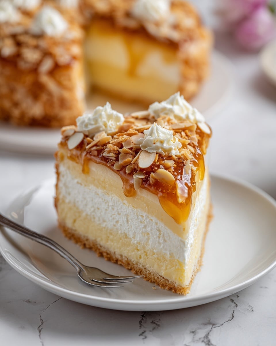 A slice of cake sits on a white plate on a white marbled surface, showing four distinct layers: a light golden crust base, a smooth pale yellow custard layer, a thick white cream layer, and a golden toasted shredded topping coated in shiny caramel sauce with almond slices scattered on top. The cake slice is in the front with a small silver fork resting on the plate beside it, while the rest of the cake blurred in the background. photo taken with an iphone --ar 4:5 --v 7