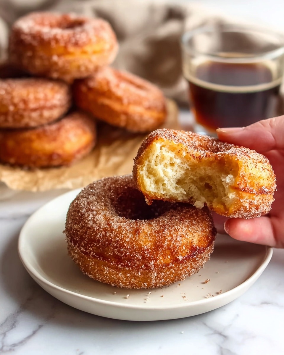 A white plate holds one whole cinnamon sugar donut that is golden brown and coated thickly with sparkling sugar crystals. On top of this donut rests half of another donut with a bite taken out, showing a soft, light yellow inside with a fluffy texture. A woman's hand gently holds the bitten donut close to the plate. In the blurred background, there are more donuts stacked on light brown parchment paper and a glass cup filled with dark liquid. The setting has a white marbled texture surface. photo taken with an iphone --ar 4:5 --v 7