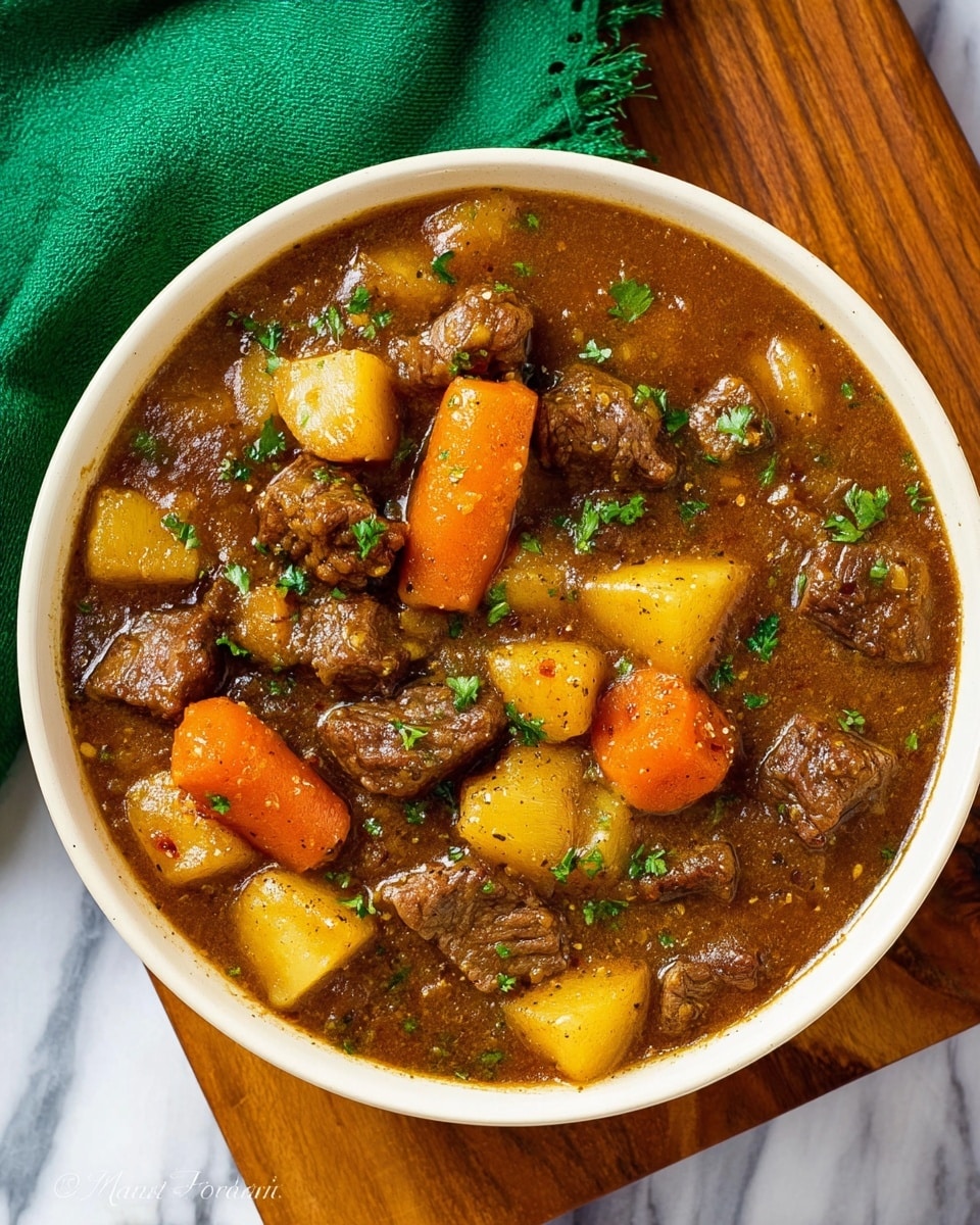 A white bowl filled with thick beef stew showing three main layers: tender brown beef chunks spread evenly throughout, soft yellowish potato cubes mixed in, and bright orange carrot slices placed on top and within, all covered in a rich brown gravy with visible small bits of herbs and spices. Small green parsley leaves are scattered on the surface. The bowl sits on a wooden board with a folded green cloth on the side, all against a white marbled background. photo taken with an iphone --ar 4:5 --v 7