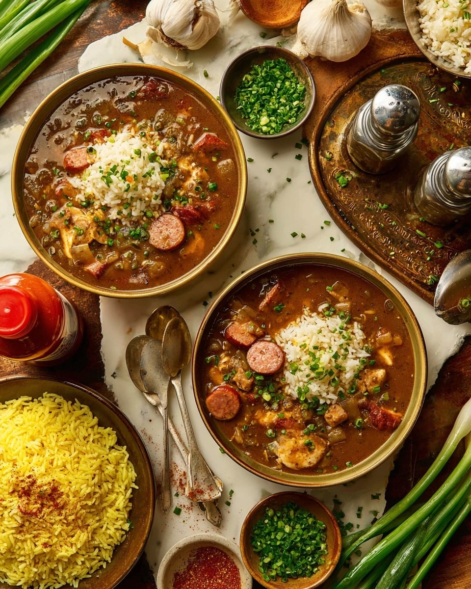 The image shows two bowls of rich, brown gumbo with visible pieces of sausage and chicken, topped with chopped green onions. Each bowl has a scoop of white rice placed on top or to the side, with the rice showing a slightly fluffy texture. The gumbo appears thick with a glossy surface and sprinkled with small bits of herbs. There is an additional bowl filled entirely with yellow rice garnished with green herbs. Surrounding the bowls are small dishes holding finely chopped green herbs and a reddish spice mix, with fresh whole green onions and a bulb of garlic placed on a white marbled surface. A metal tray holds salt, pepper shakers, metal spoons, and a red hot sauce bottle. The setup rests on a white marbled background with warm brown tones from the wooden elements beneath. photo taken with an iphone --ar 4:5 --v 7