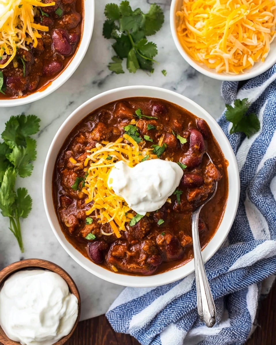 A white bowl filled with rich chili made of dark red beans and chunky brown meat in a thick sauce. The chili is topped with a bright yellow layer of shredded cheddar cheese, and on top of that, there is a smooth white dollop of sour cream. Fresh green cilantro leaves are scattered on the chili, adding contrast. A silver spoon is dipped into the chili. Around the bowl on a white marbled textured surface, there is a white bowl filled with shredded cheddar cheese, some fresh cilantro sprigs, and a small bowl with extra white sour cream. A blue and white striped cloth is placed nearby. Photo taken with an iphone --ar 4:5 --v 7
