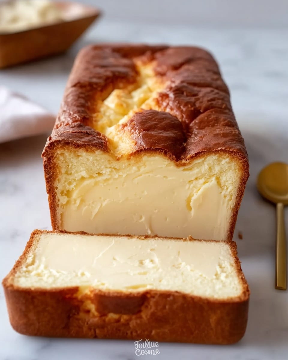 A loaf of creamy cheesecake with a golden brown crust sits on a black slate board, with two thick slices cut and laid in front of it. Next to the cheesecake, a basket filled with large, fresh strawberries with green tops is partially visible. The background is a white marbled texture. Photo taken with an iphone --ar 4:5 --v 7