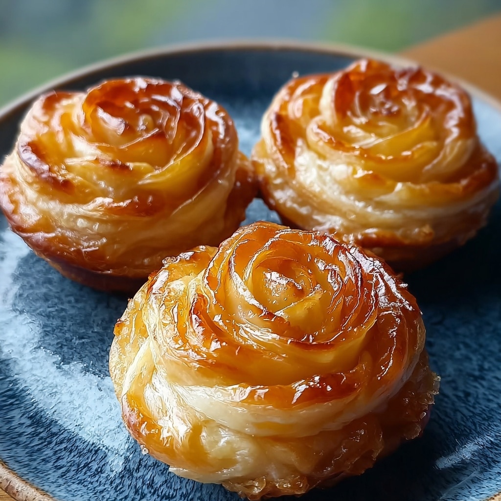 Three delicate, rose-shaped pastries are arranged on a dark blue ceramic plate, each one built from thin, overlapping spiral layers of golden-brown dough with a glossy finish, suggesting a light glaze. The petals at the top are slightly curled and perfectly formed, creating the look of blooming roses, with the outer edges crispier and more caramelized than the soft, creamy inner swirls. The layers transition from a pale off-white at the base to vibrant amber at the surface, and the pastries are closely nestled together, filling most of the plate. Photo taken with an iphone --v 7.0