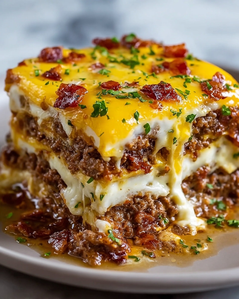 A close-up of a three-layer lasagna on a white plate, each layer showing alternating textures and colors: a yellow, smooth cheese layer on top dotted with small crispy bacon bits and green herbs; beneath it a thick, white melted cheese layer; followed by a dense, rich, and crumbly brown ground meat layer with juices dripping slightly. The top yellow cheese layer looks glossy and melted with a golden tint, garnished with small green herb pieces, while the meat is textured and moist. The lasagna edges reveal gooey melted cheese stretching slightly. The plate rests on a white marbled surface. Photo taken with an iphone --ar 4:5 --v 7