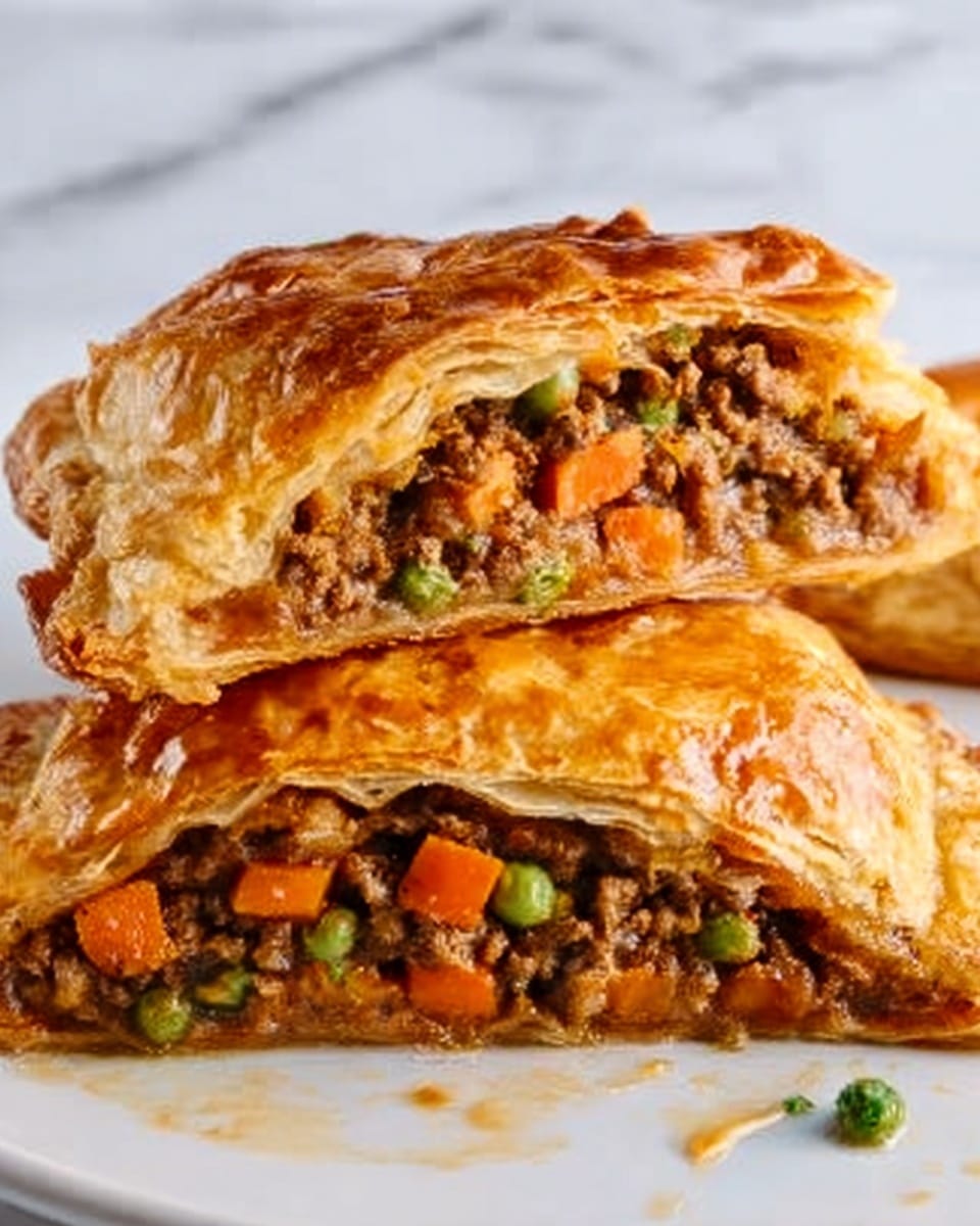 The image shows two golden-brown pastry slices stacked on a white plate, each slice filled with layers of cooked ground meat, orange carrot chunks, green peas, and melted cheese. The flaky pastry crust looks crispy and shiny, with a soft interior that holds the rich, colorful filling. The vegetables and meat are mixed together inside, creating a hearty, layered look with a mix of orange, green, and brown tones. The background is a white marbled texture. Photo taken with an iphone --ar 4:5 --v 7