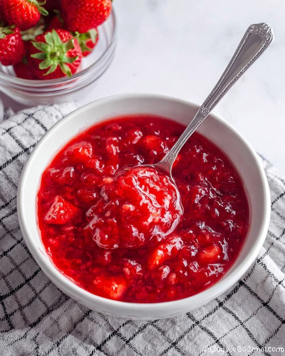 A white bowl filled with bright red chunky strawberry sauce, showing visible pieces of strawberries and a glossy, thick texture. A silver spoon dipped in the sauce holds a scoop at the center, slightly raised. The bowl sits on a light gray cloth with black checkered lines, and in the top left corner, there is a small clear bowl filled with whole strawberries with green tops. The background is a white marbled texture. Photo taken with an iphone --ar 4:5 --v 7