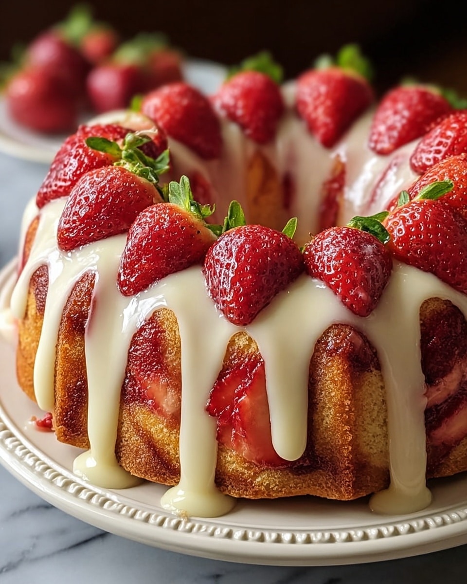 A round bundt cake with a golden brown base layer showing a soft, moist texture underneath, covered with thick white glaze dripping unevenly down the sides. Fresh whole strawberries are placed upright all around the cake, their bright red color contrasting with the creamy white glaze. The strawberries are embedded just inside the outer edge of the cake, creating a layered look with shiny glaze flowing over and between them. The cake sits on a white plate with detailed rims, set on a white marbled surface in soft lighting. Photo taken with an iphone --ar 4:5 --v 7