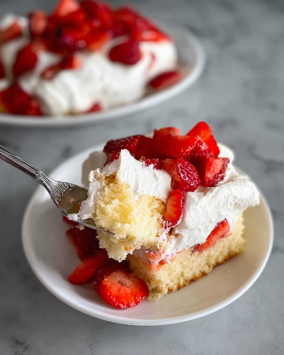 A close-up of a dessert showing three layers: the bottom layer is light golden-brown sponge cake with a soft texture, the middle layer is white whipped cream with a fluffy and smooth look, and the top layer has bright red sliced strawberries with a shiny texture, placed on the cream and around the white plate. In the front, a silver fork holds a small bite of the dessert with all three layers clearly visible, against a background with a white marbled texture. Photo taken with an iphone --ar 4:5 --v 7